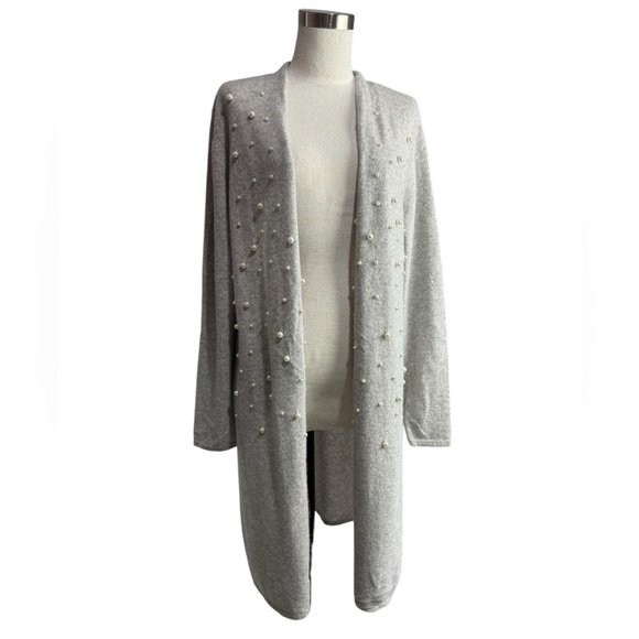 Charter Club Cashmere Pearl Embellished Longline Open Cardigan Large - Picture 1 of 8